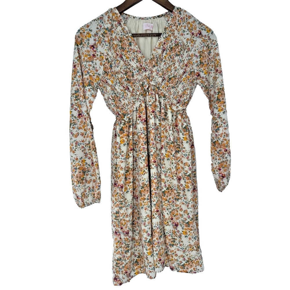 Pink Lily Floral V-Neck Long Sleeve Boho Mini Dress Yellow babydoll cottagecore
